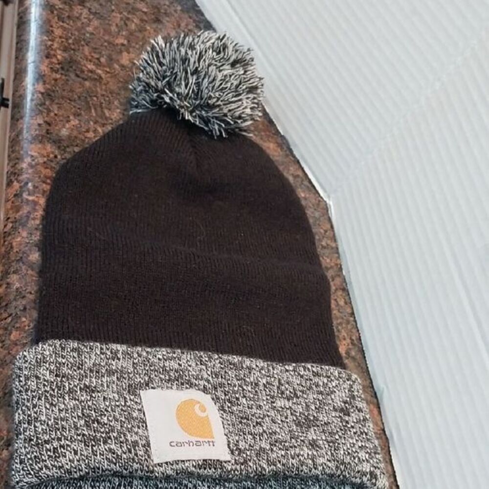 Carhartt Black and Gray Knit Beanie with Pom...New But No Tags